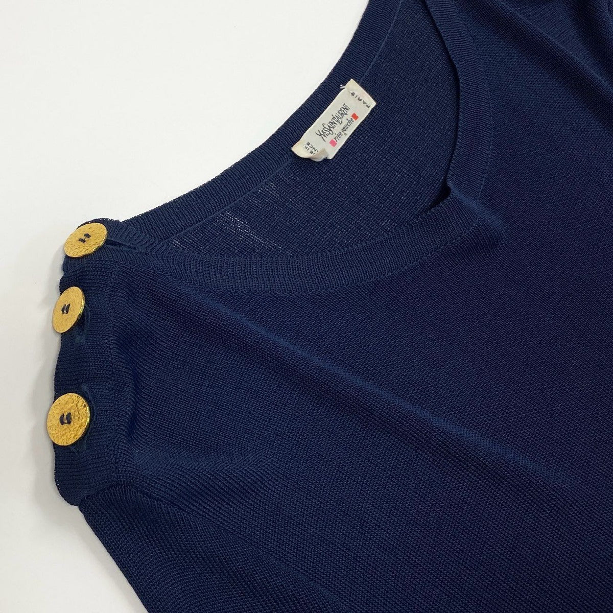 Saint Laurent Yves Rive Gauche Ribe Long Sleeve Knit Gold Button Navy Rayon — view 6