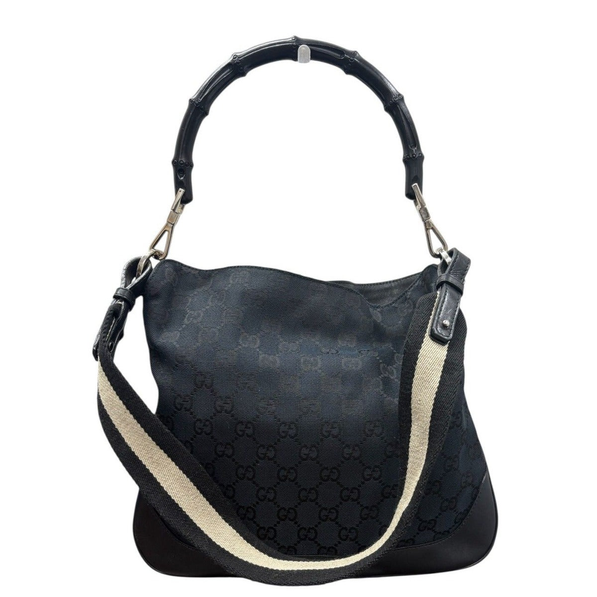Gucci Bamboo Black Silver GG Canvas Leather Shoulder Bag