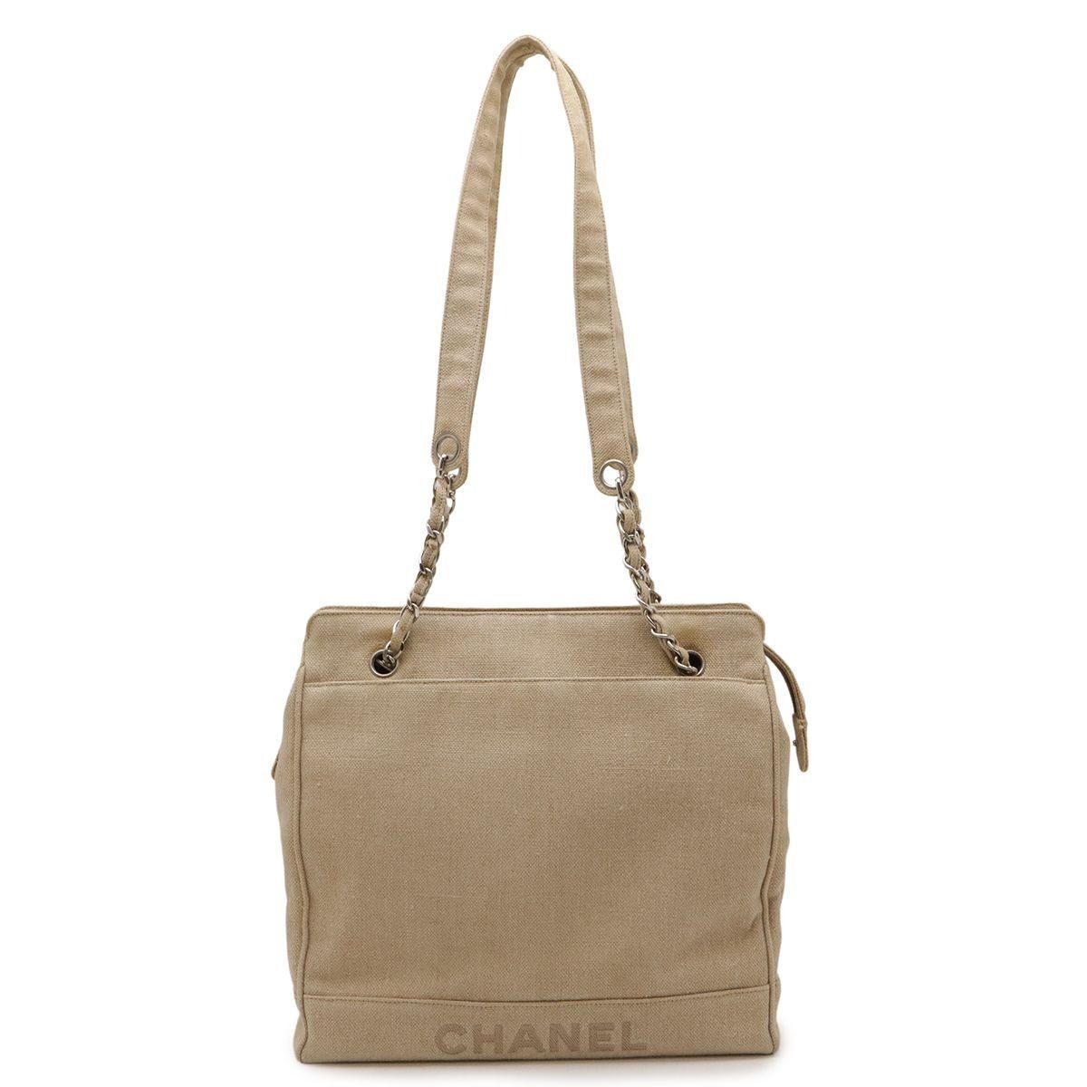 Chanel Linen Logo Chain Shoulder Bag Semi Beige Silver