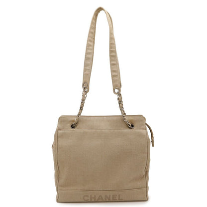 Chanel Linen Logo Chain Shoulder Bag Semi Beige Silver