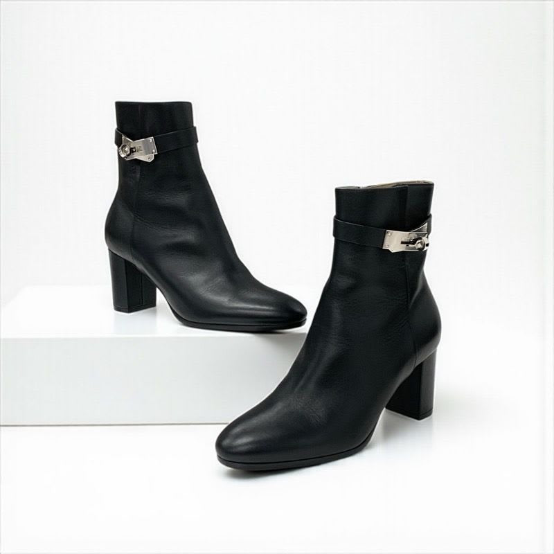 Hermes Saint Germain Boots Short Shoes Leather Black Silver Kelly Hardware