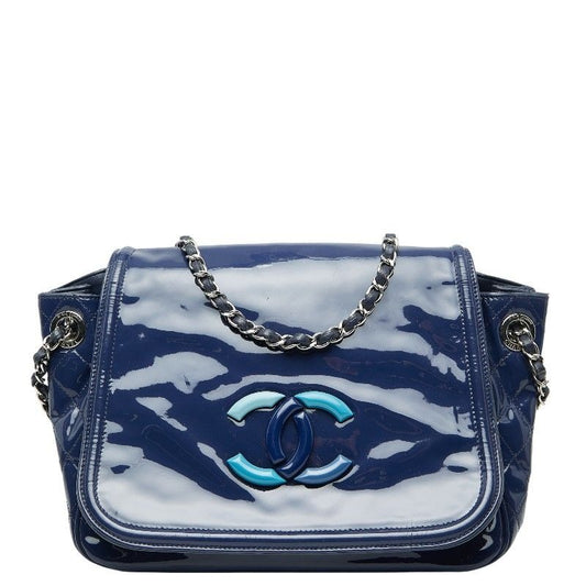 Chanel Lipstick CC Logo Chain Tote Shoulder Bag Navy Patent Leather
