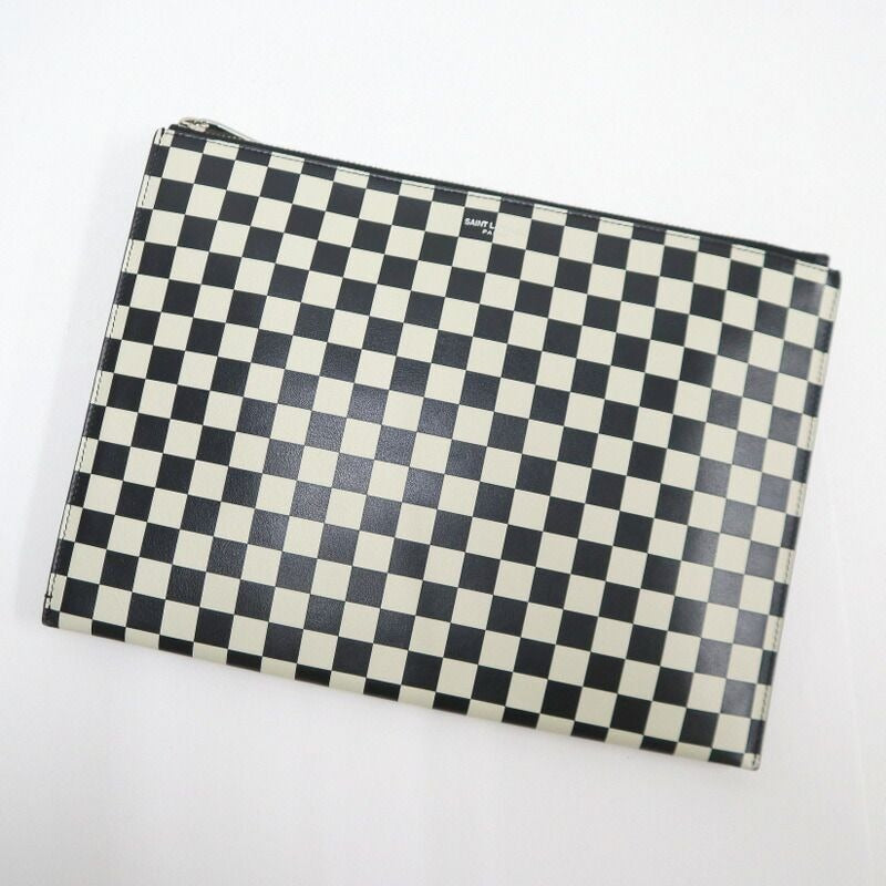 Saint Laurent Mini Zip Tablet Sleeve Block Check Leather Black White