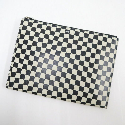 Saint Laurent Mini Zip Tablet Sleeve Block Check Leather Black White