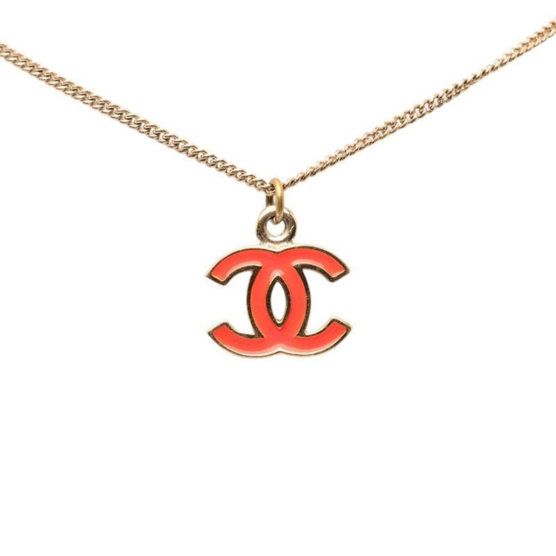 Chanel CC Logo Pendant Necklace Gold Red Plated Enamel
