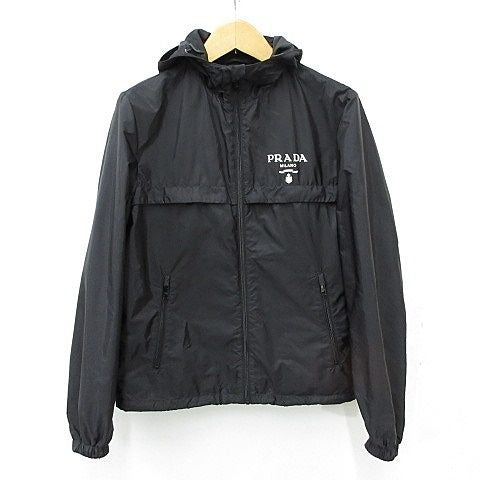 Prada Jacket Nylon Hood Zip Up Logo Black 48