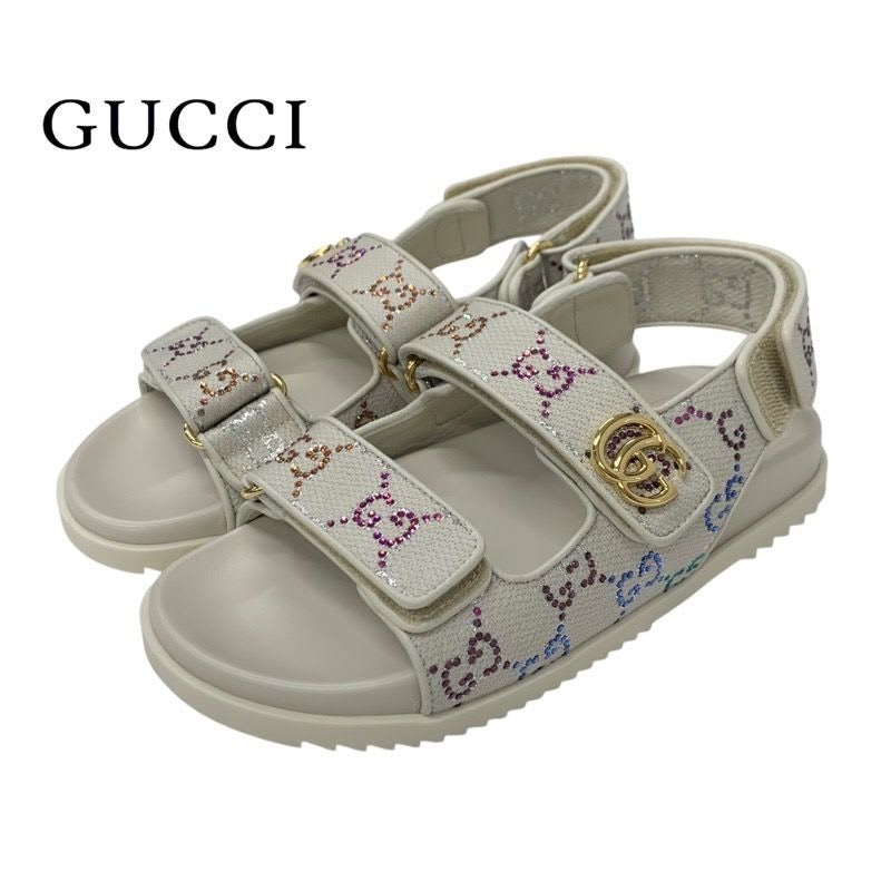Gucci Double G Sandals Shoes Fabric Leather Ivory Multicolor Gold GG Marmont
