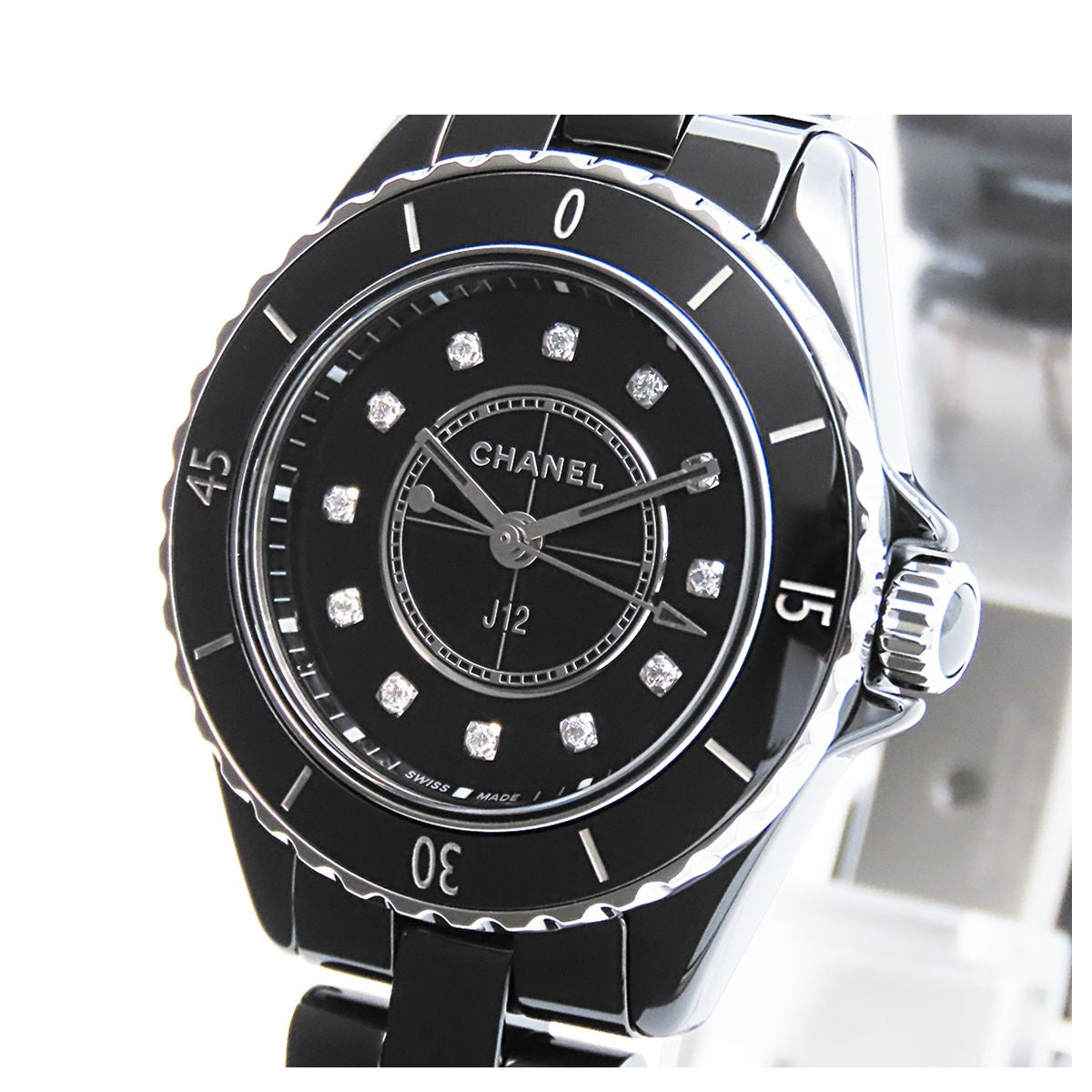 Chanel Black Ceramic SS Diamond 28 Watch Quartz