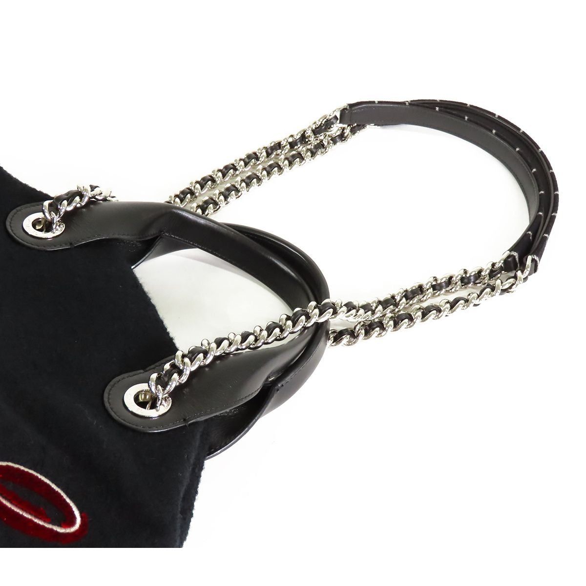 Chanel Embroidery Black Silver Wool Leather 2-Way Shoulder Bag — view 4