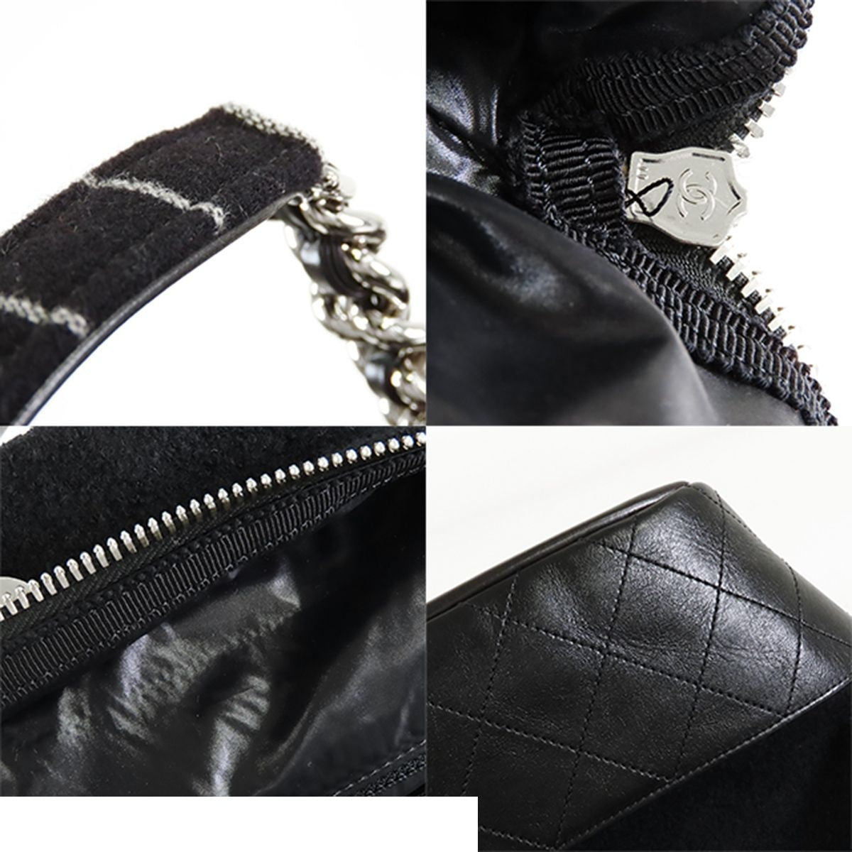 Chanel Embroidery Black Silver Wool Leather 2-Way Shoulder Bag — view 7