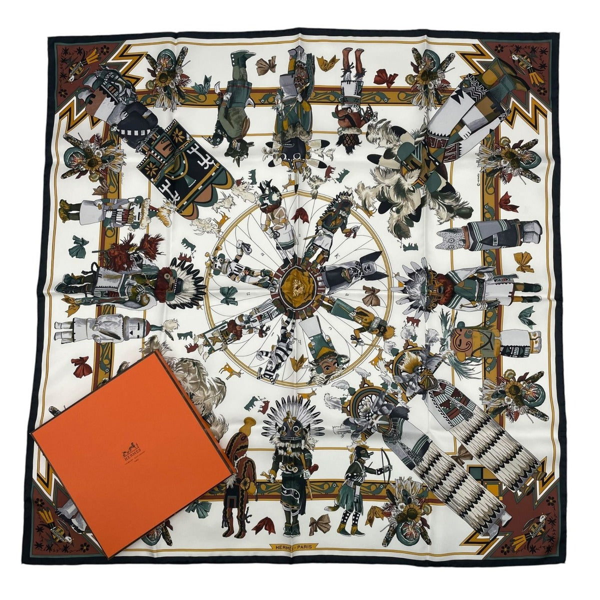 Hermes Scarf 100% Silk Carre 90 Kachinas Ethnic Multicolor Box