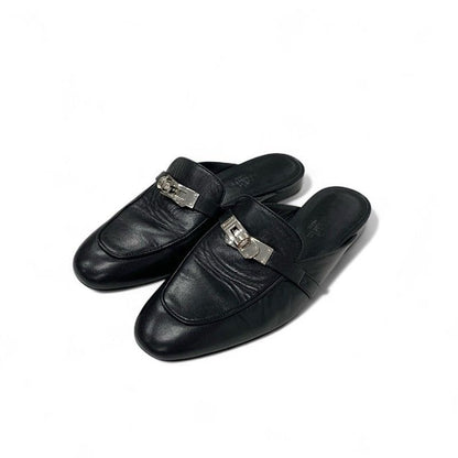 Hermes Oz Flat Shoes Leather Black Silver Kelly Hardware Mules