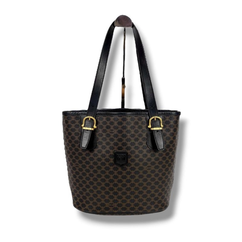 Celine Bucket Shape Tote Bag Black Macadam Pattern Leather