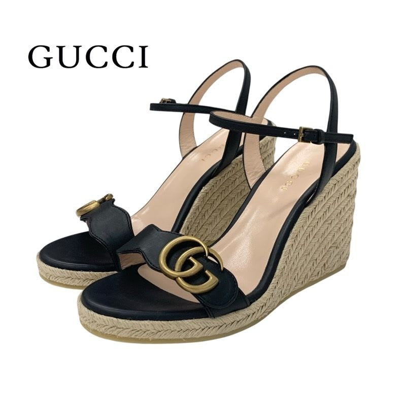 Gucci Double G Sandals Shoes Leather Black Gold Wedge Sole GG Marmont Strap