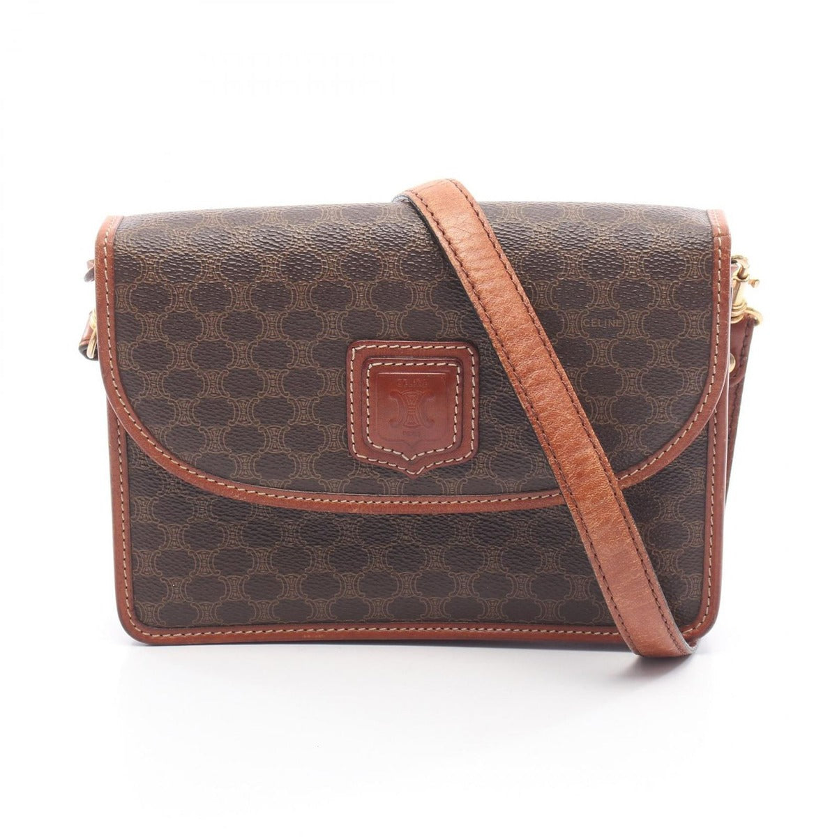 Celine Shoulder Bag Macadam Dark Brown Canvas Leather Flap