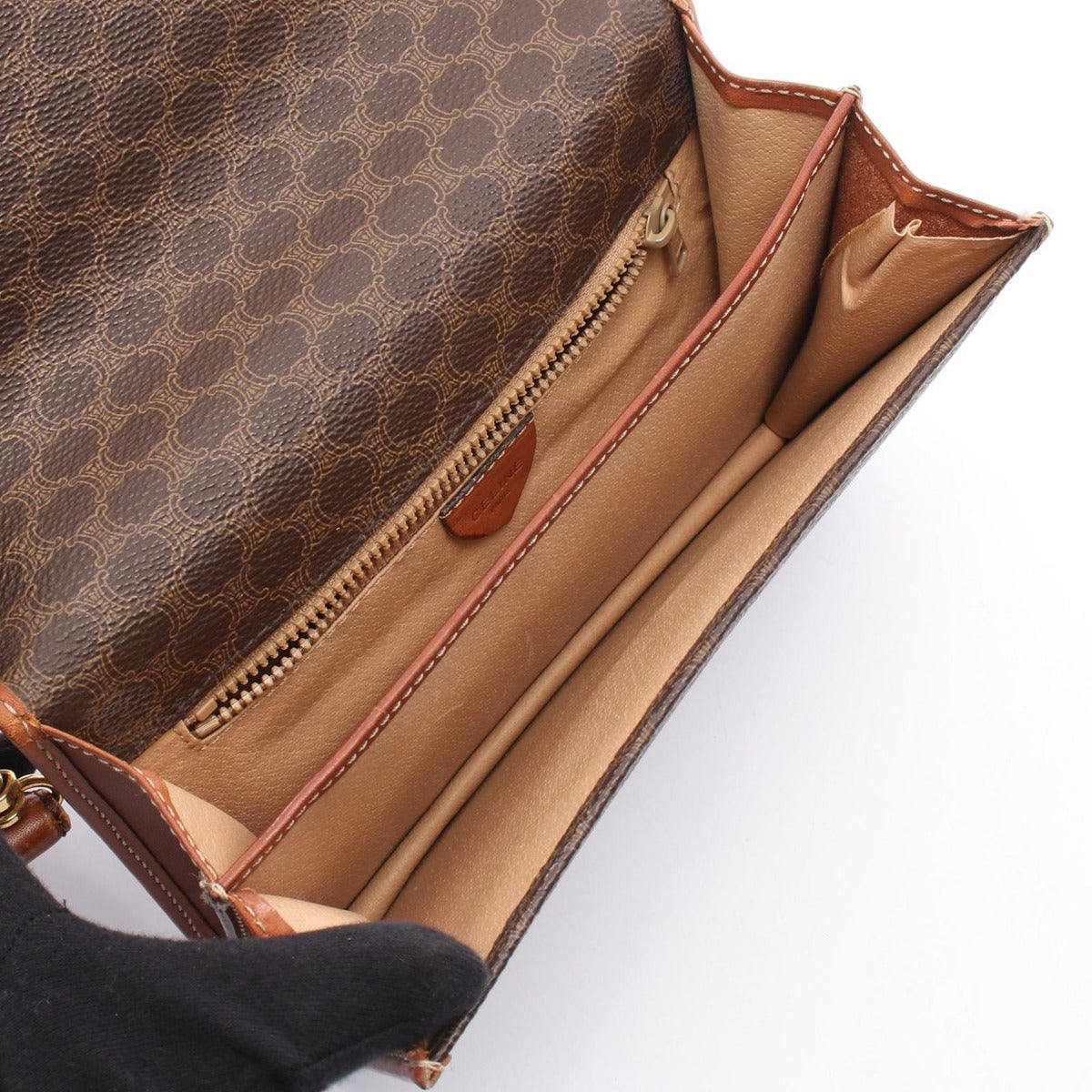 Celine Shoulder Bag Macadam Dark Brown Canvas Leather Flap — view 3