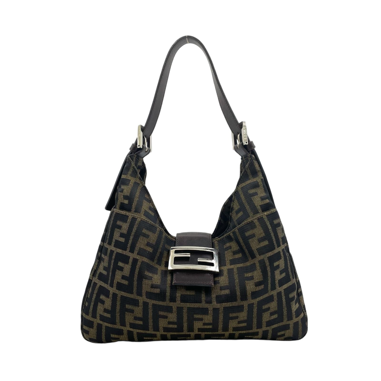 Fendi Zucca Pattern Mamma Bucket Leather Canvas Khaki Brown Handbag Silver