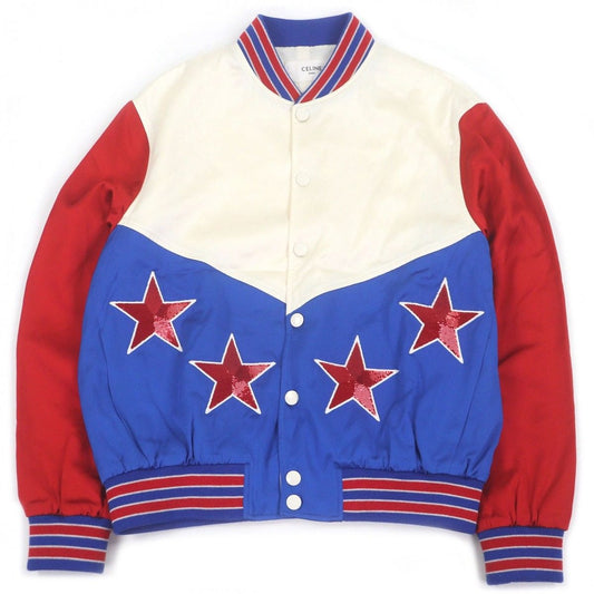 Celine Sequin Embroidery American Teddy Jacket Blue Red Ivory 48