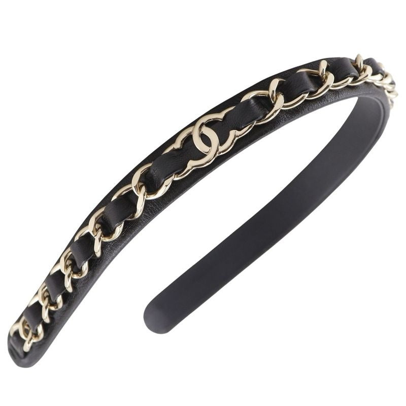 Chanel Headband Coco Mark Chain Lambskin Black Silver