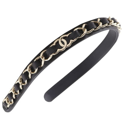 Chanel Headband Coco Mark Chain Lambskin Black Silver