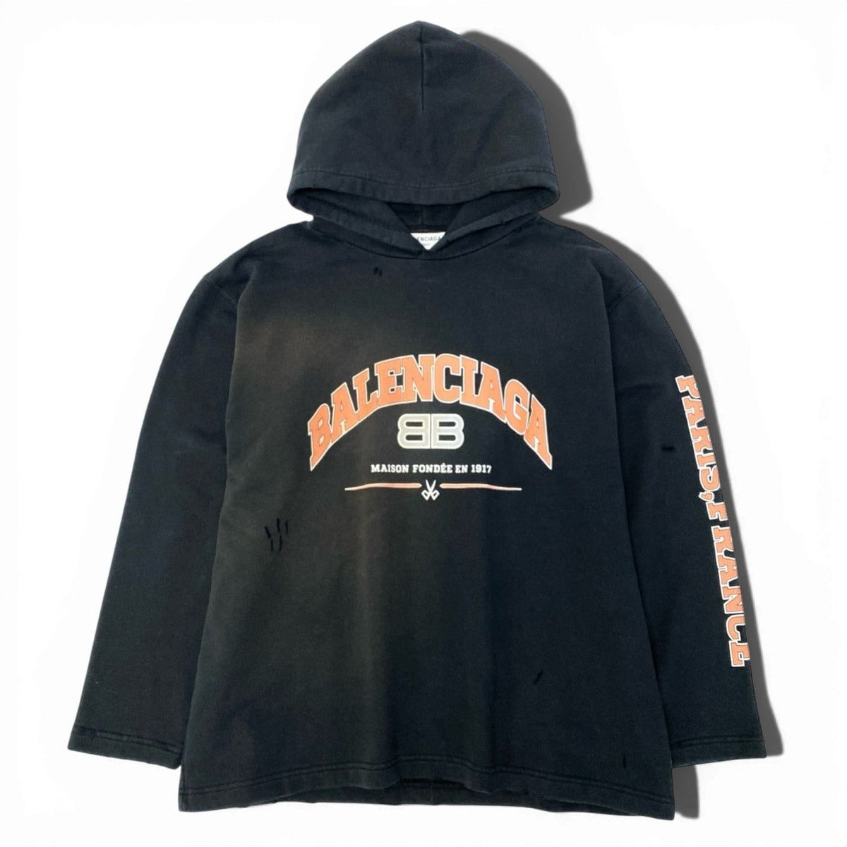 Balenciaga Pullover Hoodie BB Logo Sweatshirt Distressed S Black Cotton Sweater — view 2