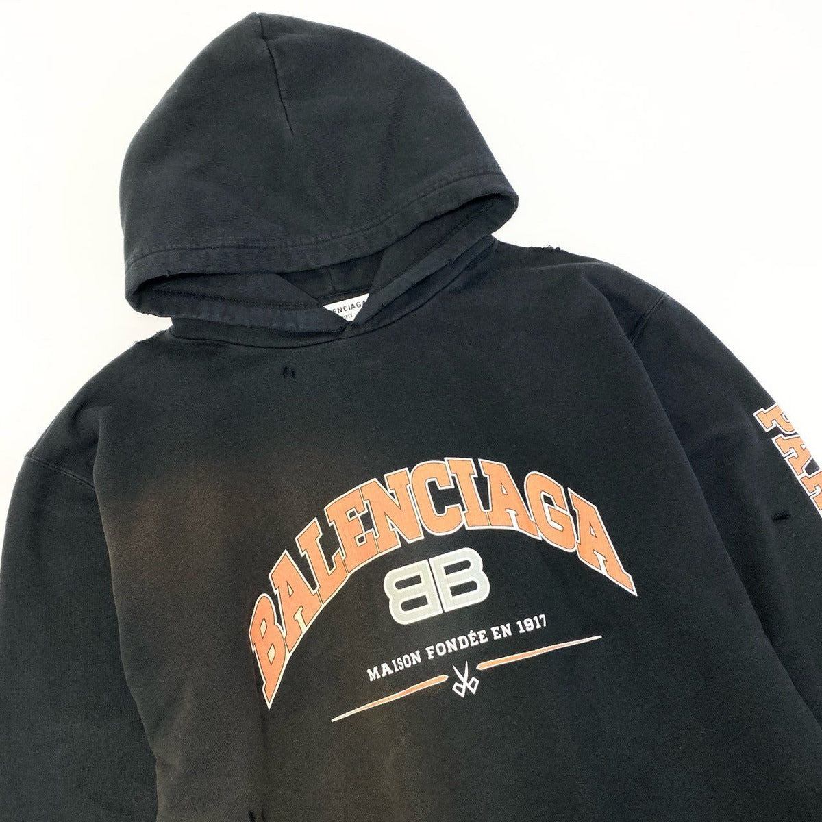 Balenciaga Pullover Hoodie BB Logo Sweatshirt Distressed S Black Cotton Sweater — view 4