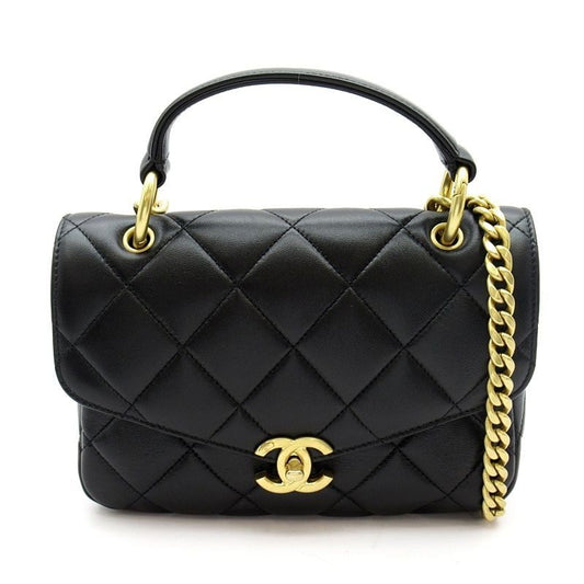 Chanel Quilted Top Handle Flap Bag Lambskin Handbag Black
