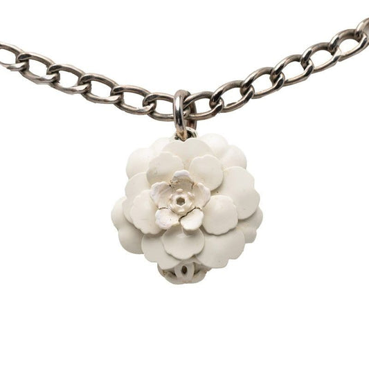 Chanel Camellia CC Logo Chain Pendant Necklace White Silver Metal Enamel