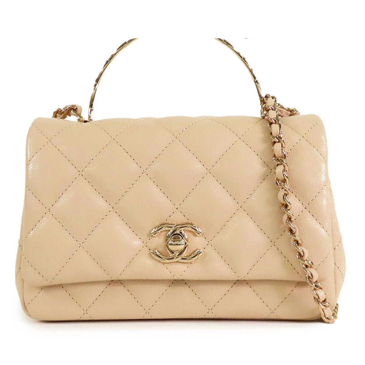 Chanel Top Handle Flap Bag Mini Beige Gold Caviar Leather 2-Way