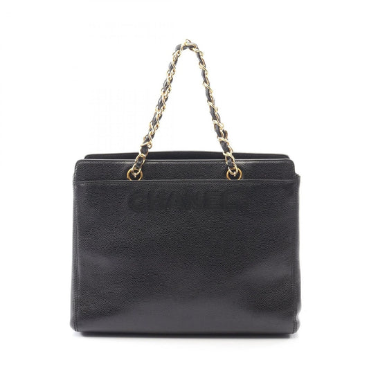 Chanel Handbag Black Leather Calf Logo Chain Tote