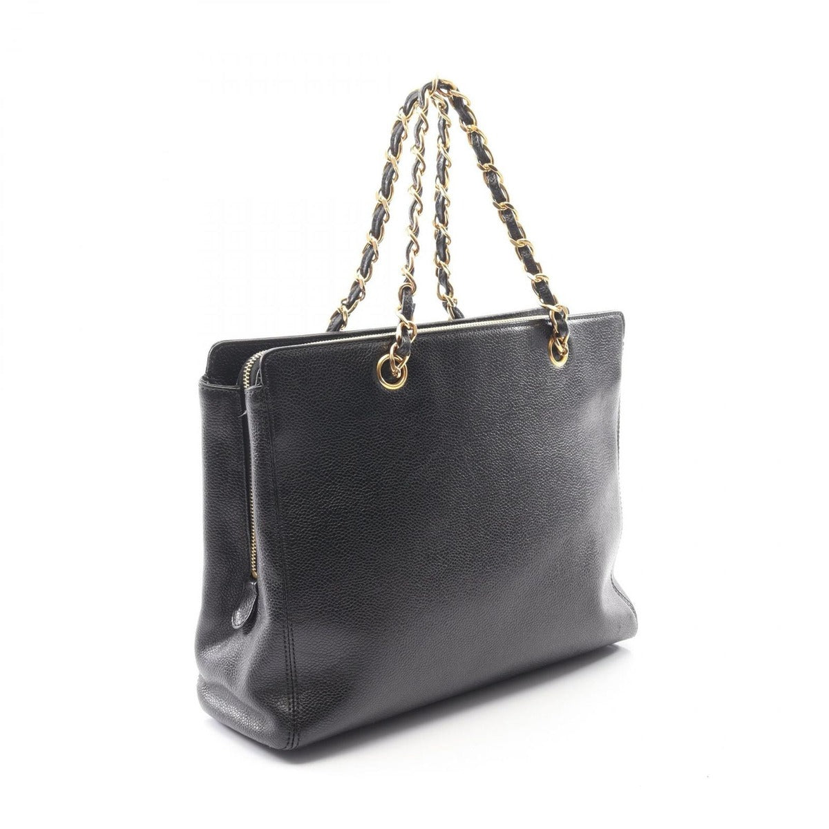 Chanel Handbag Black Leather Calf Logo Chain Tote — view 2
