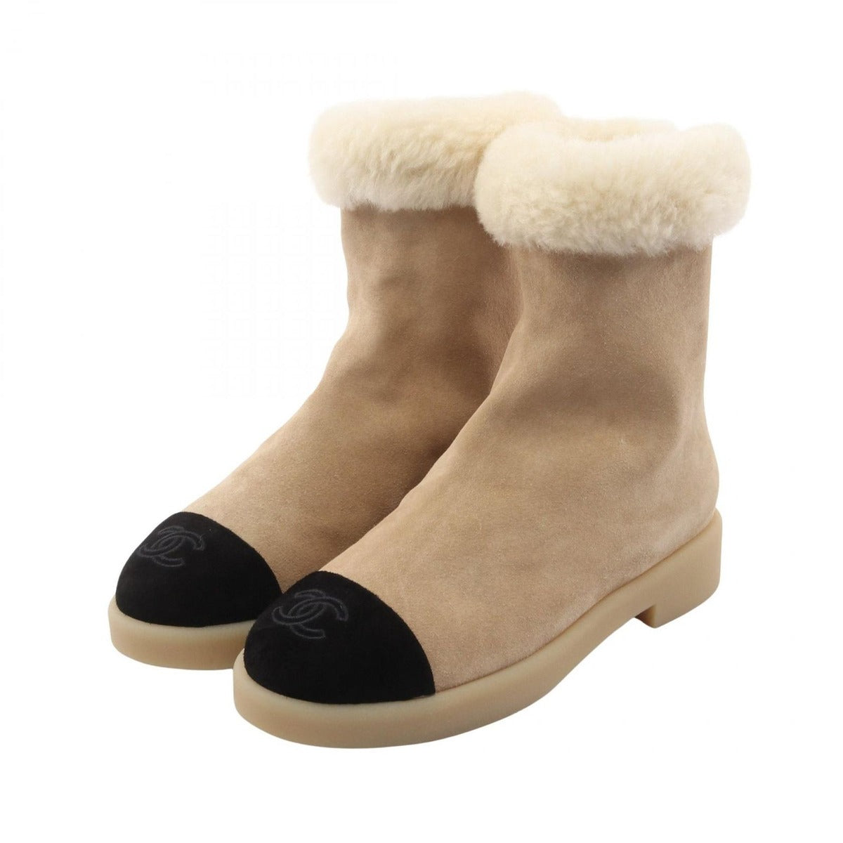Chanel Boots CC Logo Suede Mouton Beige Black