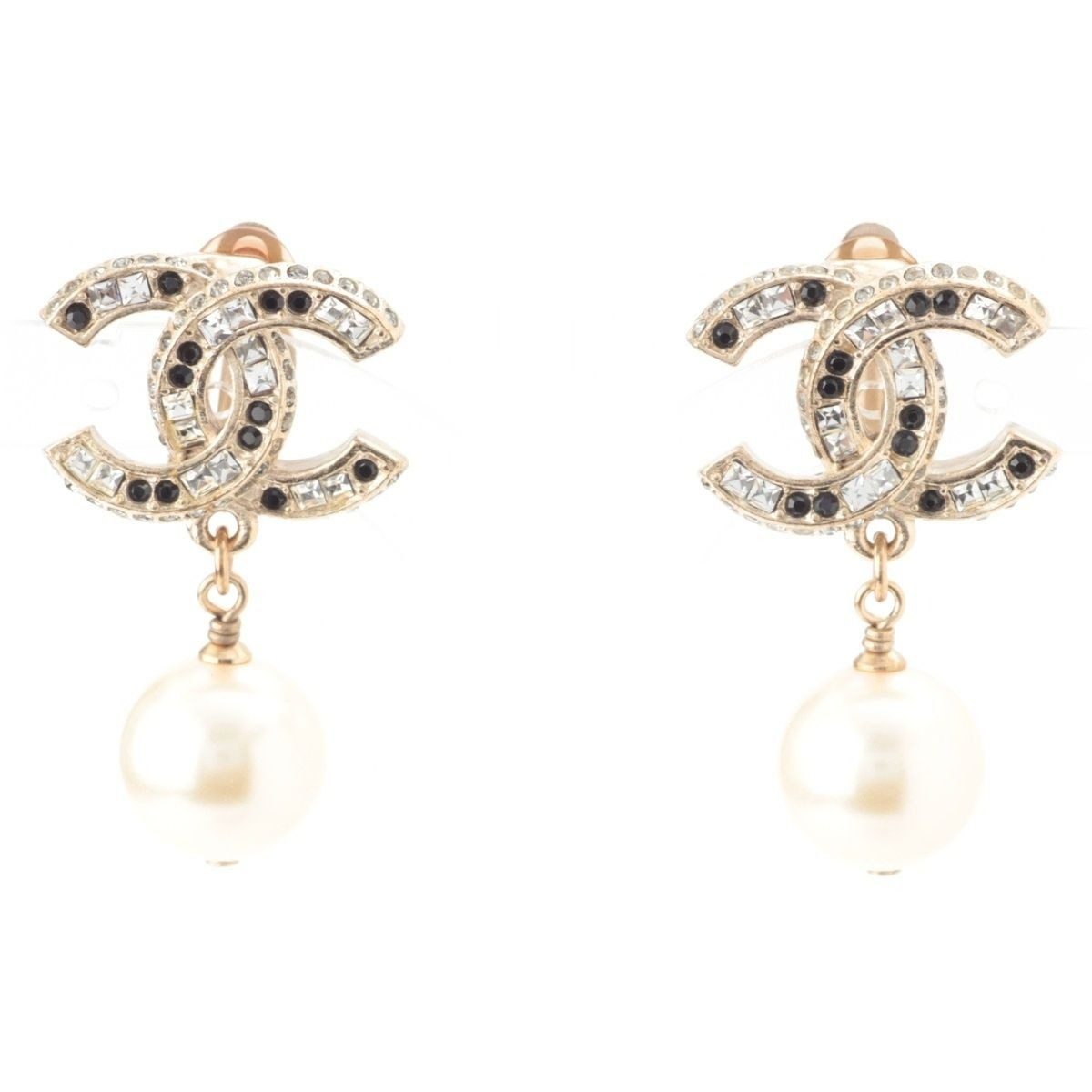 Chanel CC Logo Pearl Line Stone Earrings Gold Black