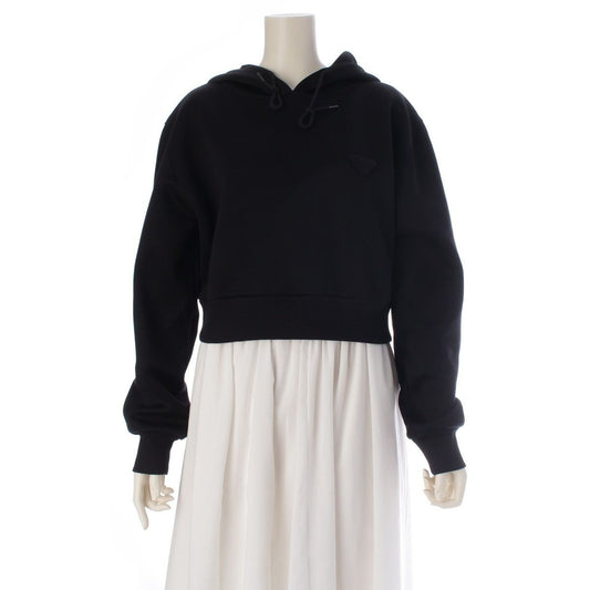 Prada Triangle Logo Cropped Hoodie Top Black