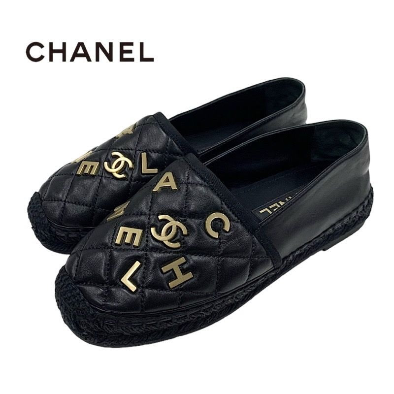 Chanel Flat Shoes Leather Black Gold Coco Mark Logo Espadrilles