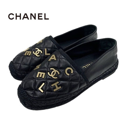 Chanel Flat Shoes Leather Black Gold Coco Mark Logo Espadrilles