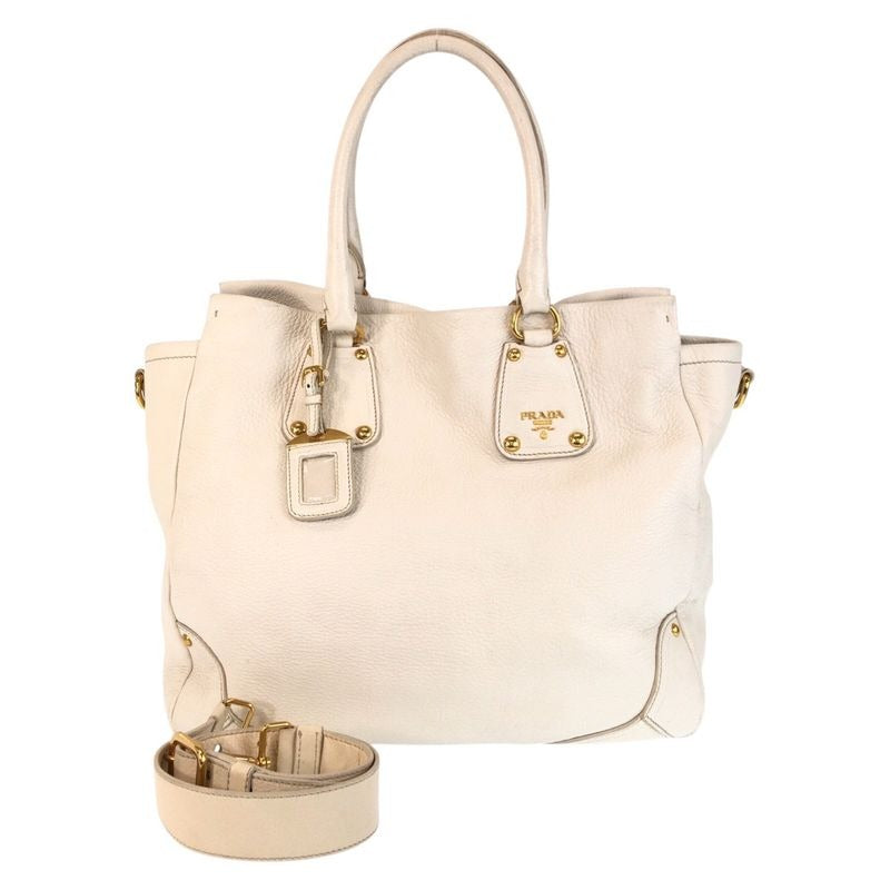 Prada Vitello Daino White Ivory Gold Hardware Leather Tote Bag Shoulder Bag 2-Way