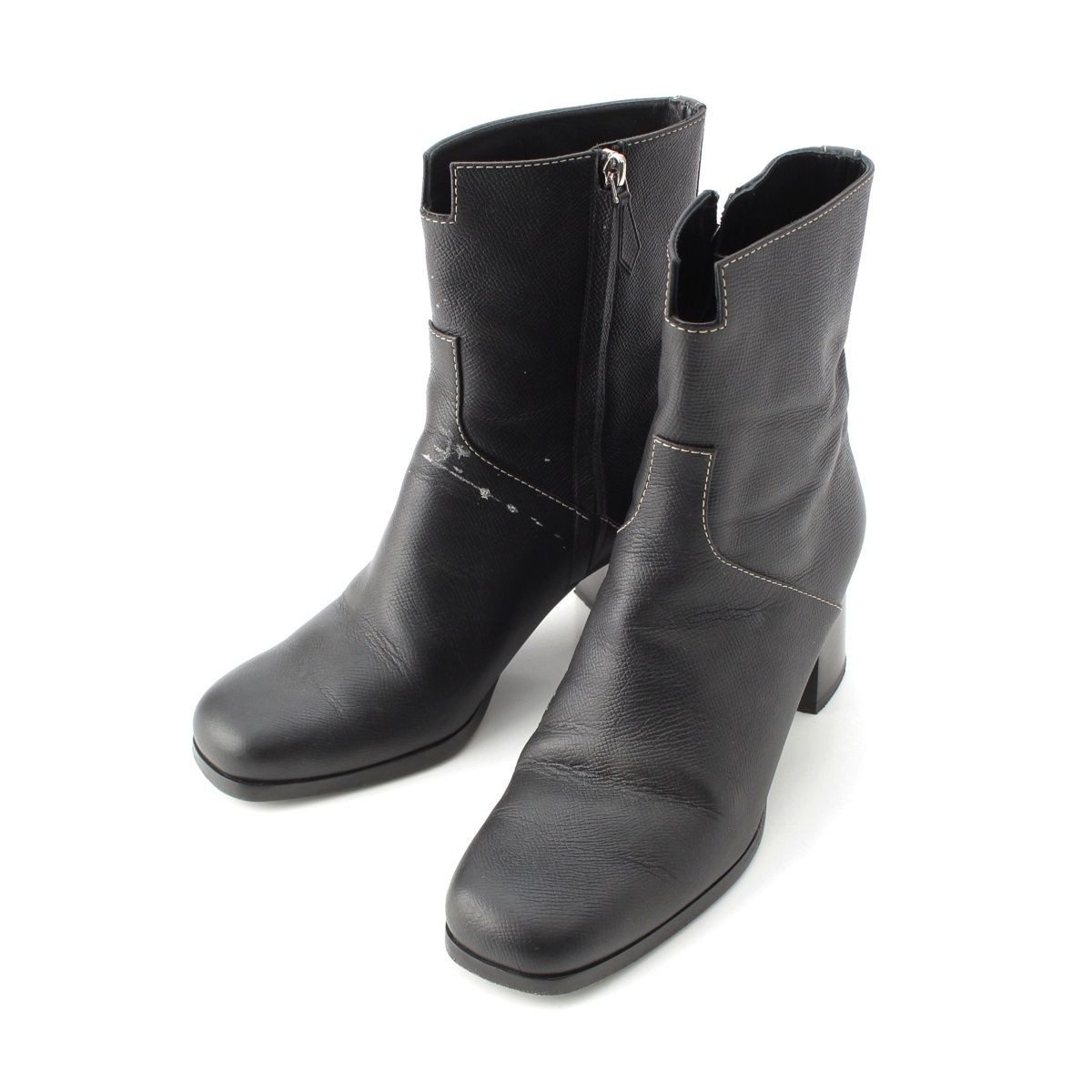 Hermes Leather Flats 60 Side Zip Boots Shoes Black 39