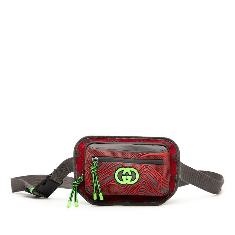 Gucci GG Nylon Body Bag Waist Grey Red Green Rubber