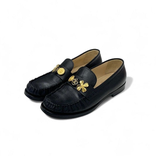 Chanel Loafers Shoes Leather Black Gold CC Logo Clover Coin Motif Flat