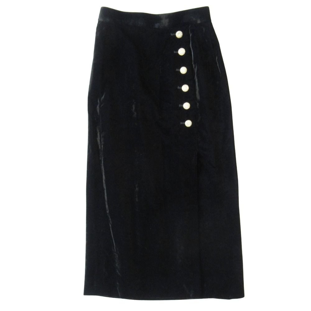 Saint Laurent Yves Velour Long Skirt Gold Button Slit Vintage 36 Black