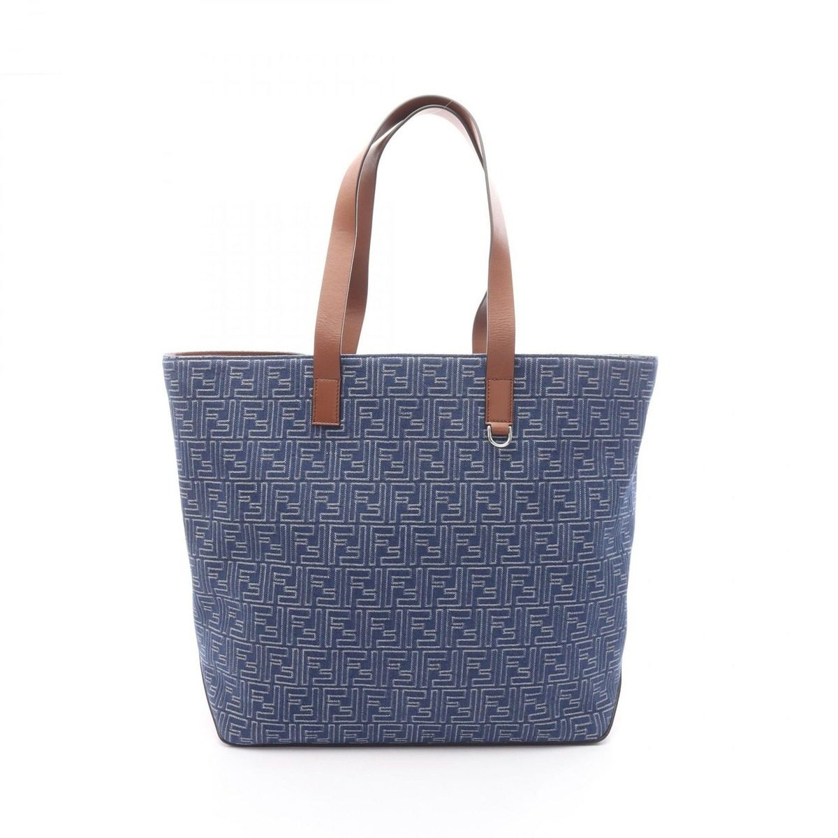 Fendi Tote FF Shopping Denim Blue Brown Canvas