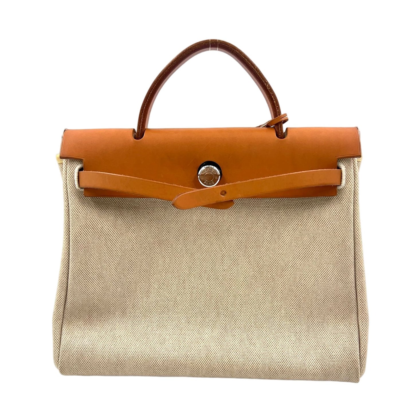 Hermes Herbag a Dos Handbag Leather Canvas Beige Light Brown Backpack Silver