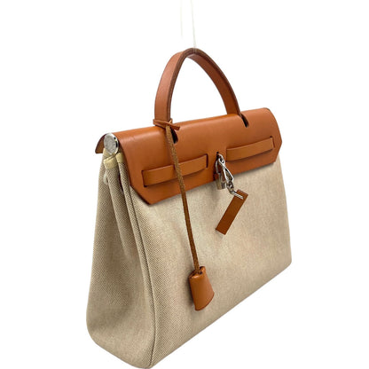 Hermes Herbag a Dos Handbag Leather Canvas Beige Light Brown Backpack Silver — view 2