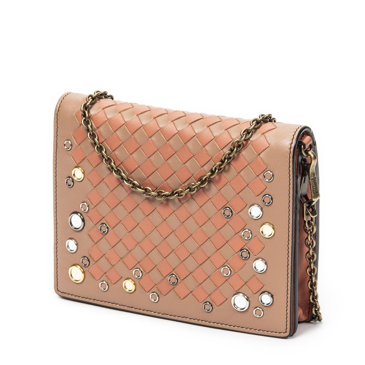 Bottega Veneta Chain Wallet Orange Light Brown Intrecciato Leather — view 2