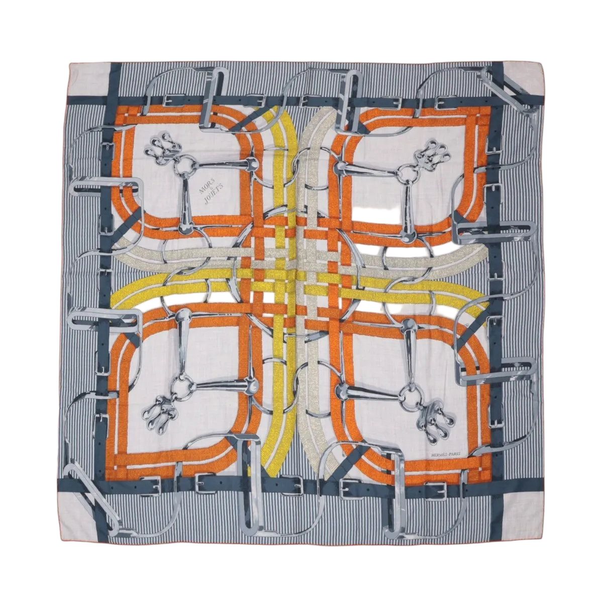 Hermes Carre Jean 140 Mors a Jouets Horse Bit Blue Orange Scarf