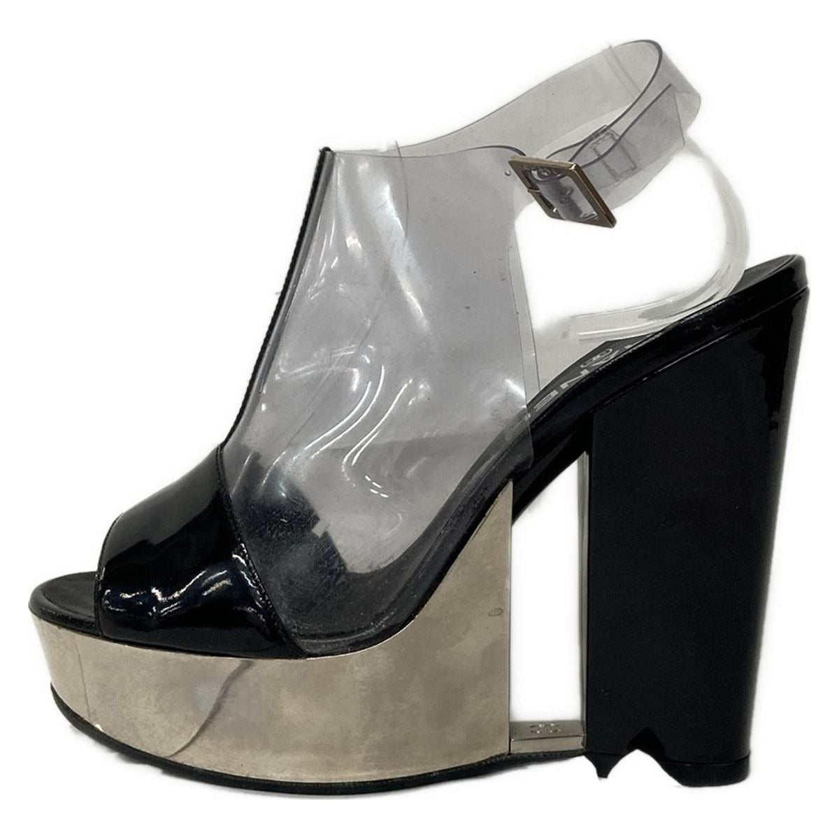Chanel Sandals 36.5 Black Clear Wedge Sole Leather
