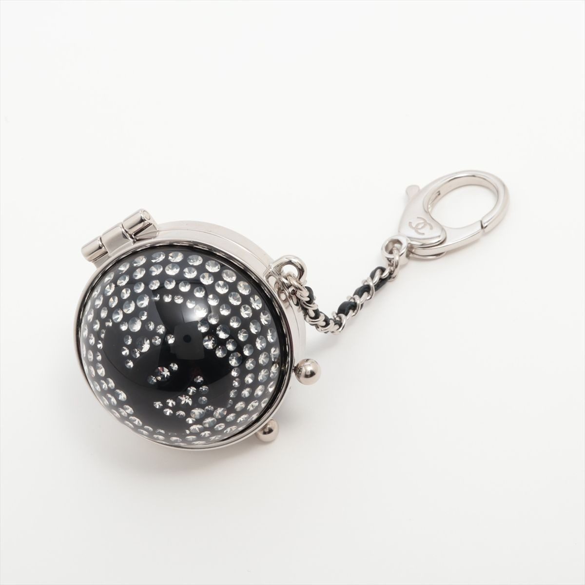Chanel CC Logo Charm Line Stone Silver Mirror Key Holder Chain Ball