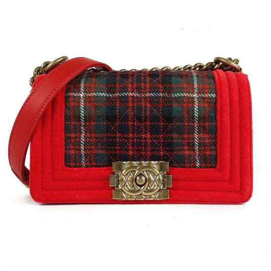 Chanel Boy Red Green Gold Tweed Velour Leather Plaid Shoulder Bag