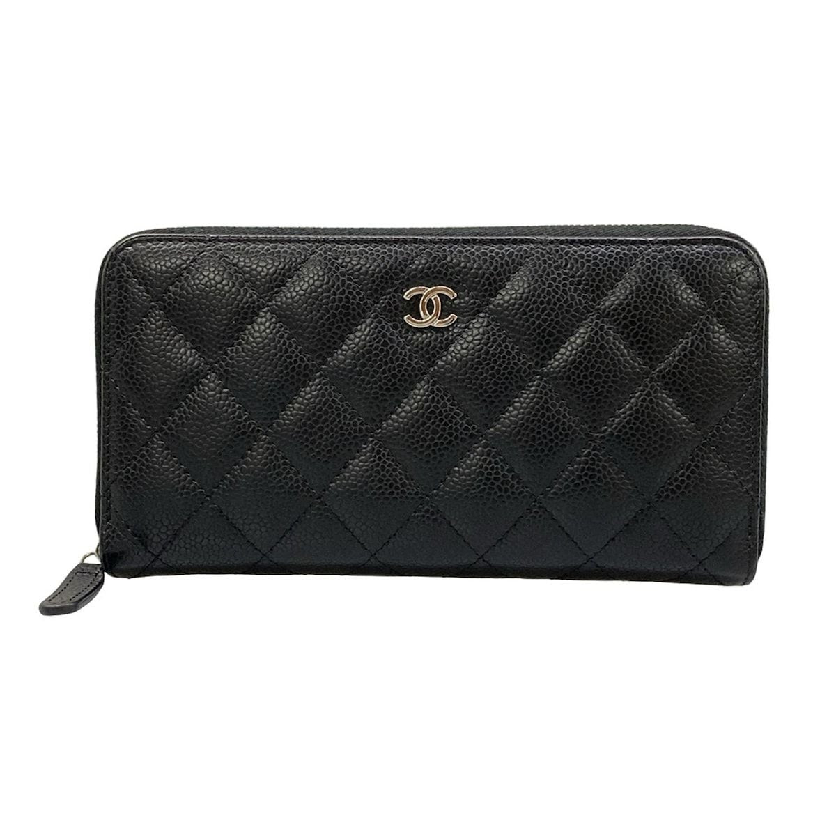 Chanel Wallet Quilted Black Zip Around Silver